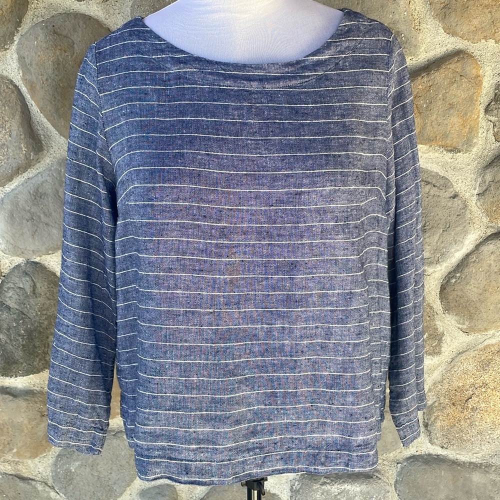 Sigrid Olsen Linen Blend Stripe Top Size Large Lagenlook Nautical Relaxed EUC